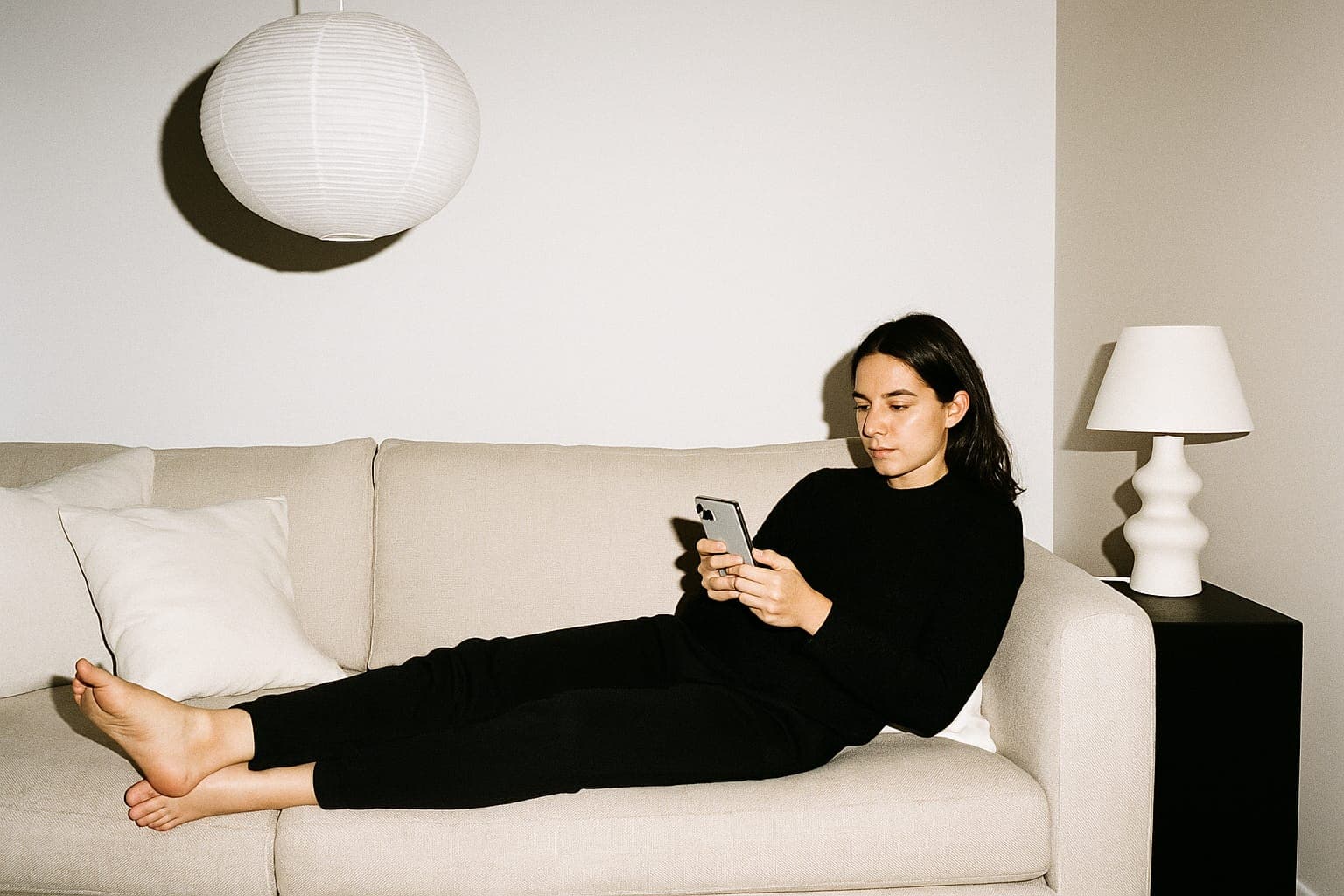 A person on a sofa looking at a phone