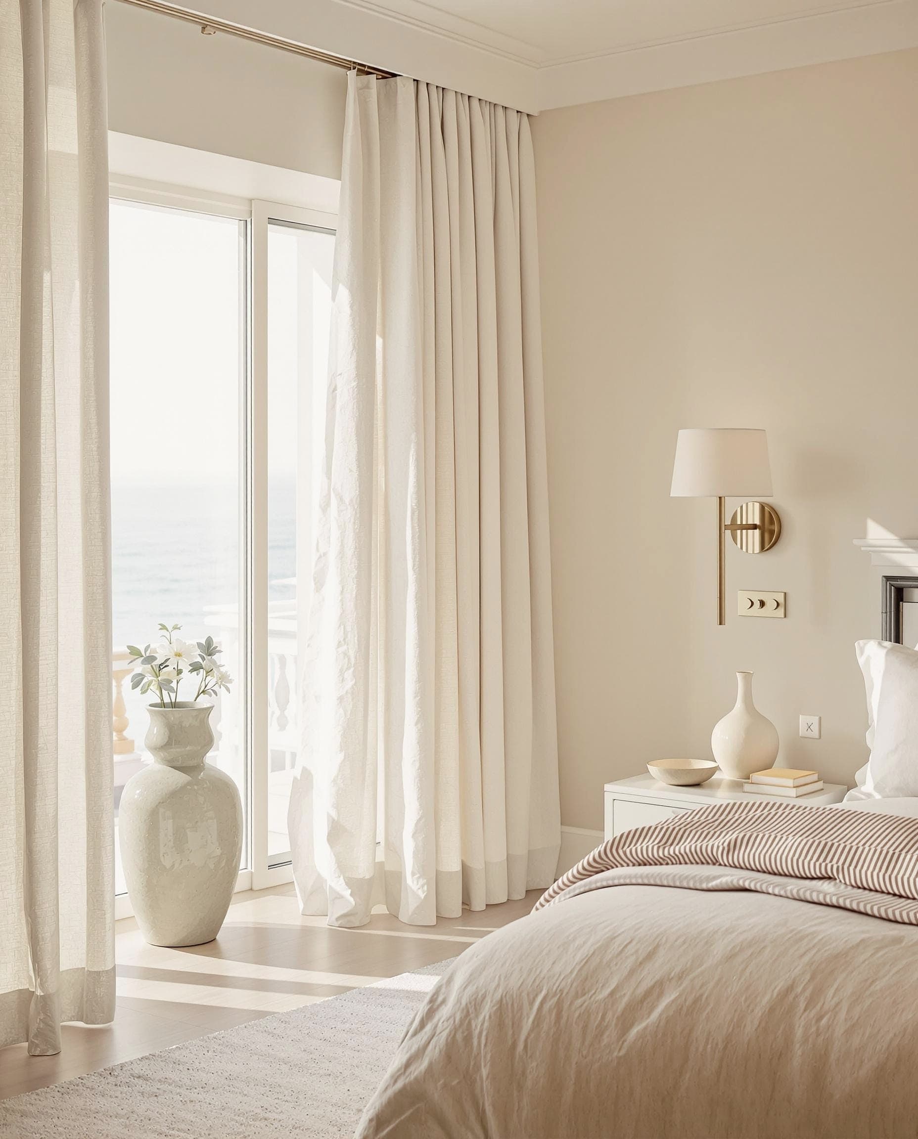 A bright bedroom with an air conditioner above the window