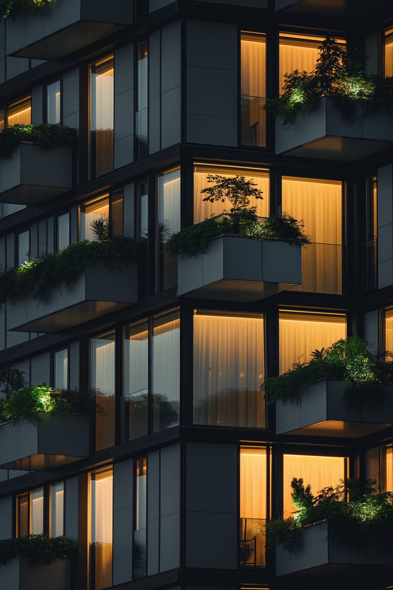 Apartment balconies with plants at dusk